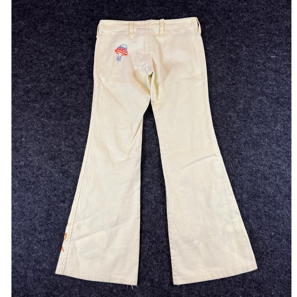 VTG 70s Fe Male Flare Jeans Womens Size 27 Pale Yellow Embroidered Bratz Artsy